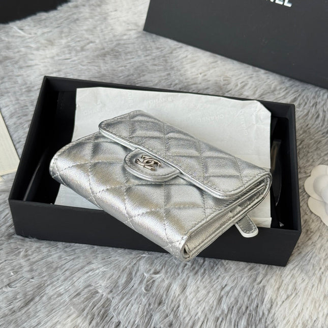 CHANEL 25S CF SMALL TRI FOLD WALLET 11 IN SILVER CAVIAR GOLD HARDWARE