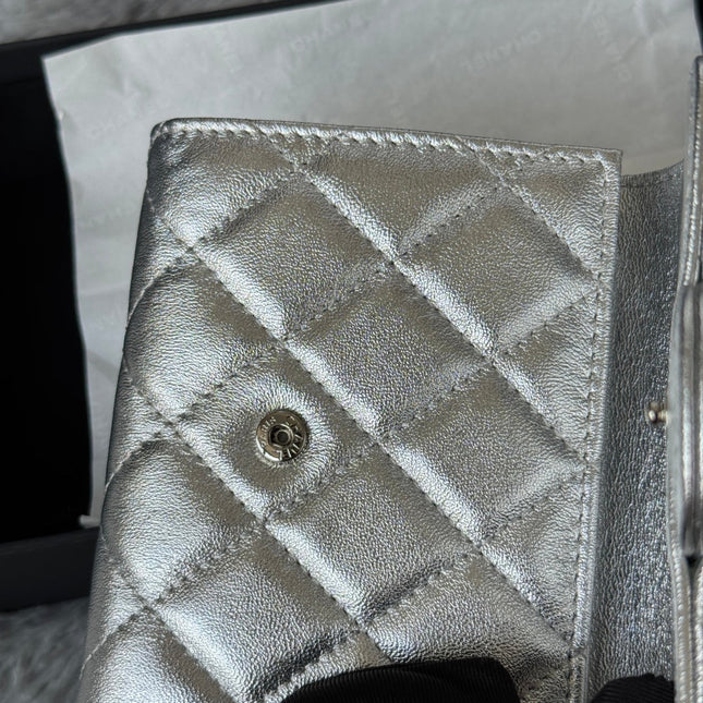 CHANEL 25S CF SMALL TRI FOLD WALLET 11 IN SILVER CAVIAR GOLD HARDWARE