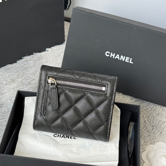 CHANEL 25S CF SMALL TRI FOLD WALLET 11 IN BLACK CAVIAR SILVER HARDWARE