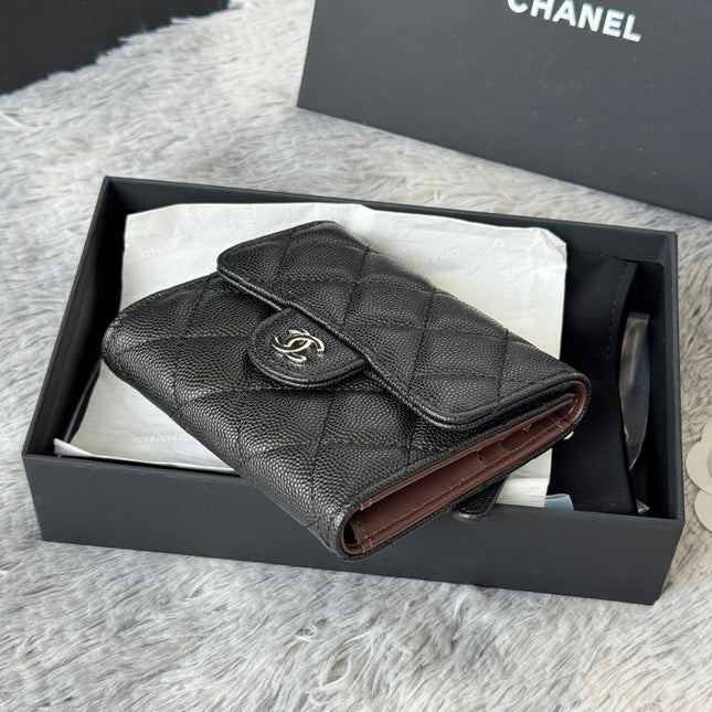 CHANEL 25S CF SMALL TRI FOLD WALLET 11 IN BLACK CAVIAR SILVER HARDWARE