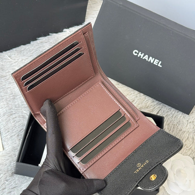 CHANEL 25S CF SMALL TRI FOLD WALLET 11 IN BLACK CAVIAR GOLD HARDWARE