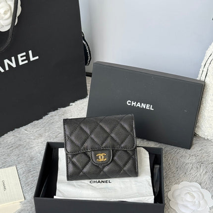 CHANEL 25S CF SMALL TRI FOLD WALLET 11 IN BLACK CAVIAR GOLD HARDWARE