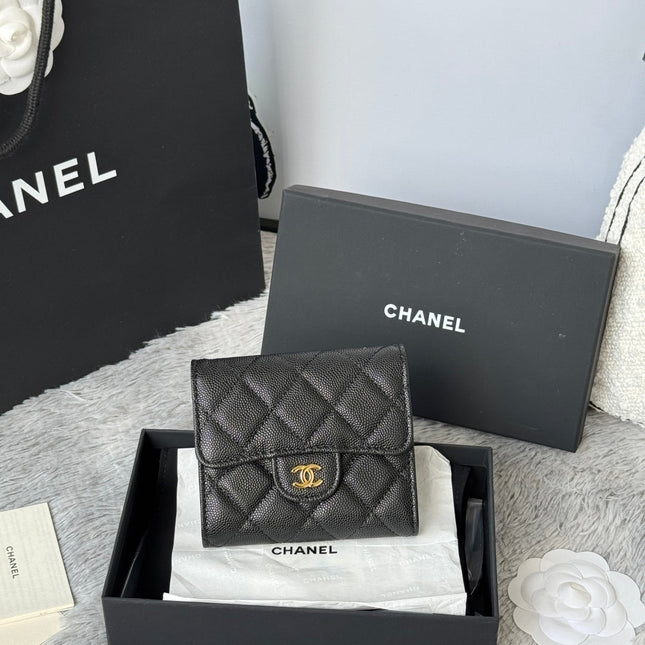 CHANEL 25S CF SMALL TRI FOLD WALLET 11 IN BLACK CAVIAR GOLD HARDWARE