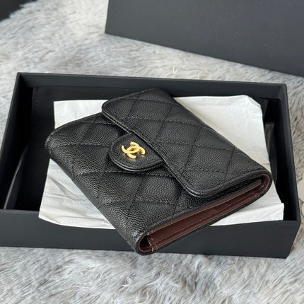 CHANEL 25S CF SMALL TRI FOLD WALLET 11 IN BLACK CAVIAR GOLD HARDWARE