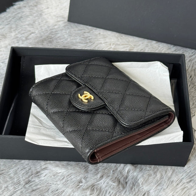 CHANEL 25S CF SMALL TRI FOLD WALLET 11 IN BLACK CAVIAR GOLD HARDWARE