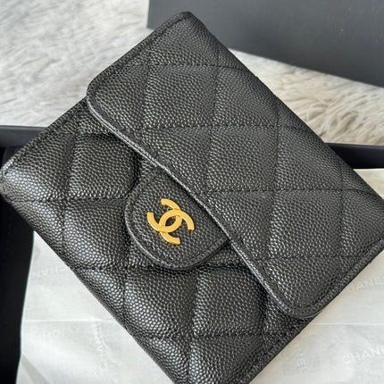 CHANEL 25S CF SMALL TRI FOLD WALLET 11 IN BLACK CAVIAR GOLD HARDWARE