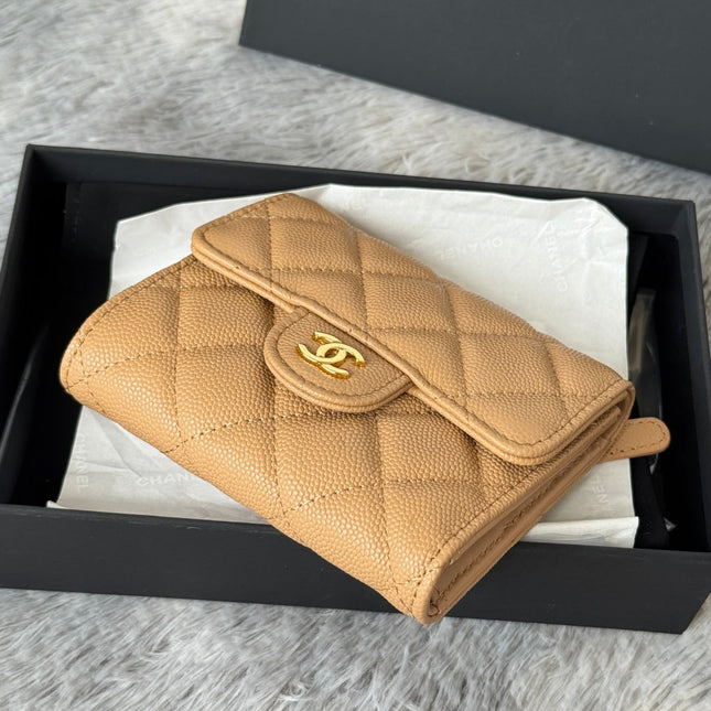 CHANEL 25S CF SMALL TRI FOLD WALLET 11 IN GOLDEN CARAMEL CAVIAR GOLD HARDWARE