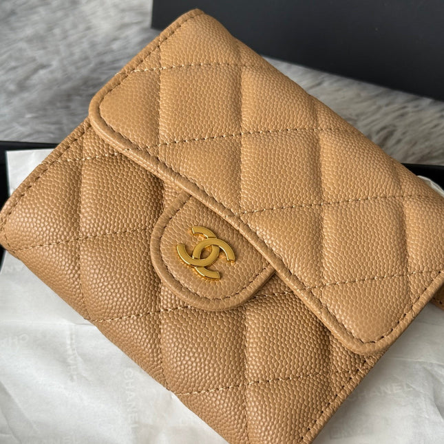 CHANEL 25S CF SMALL TRI FOLD WALLET 11 IN GOLDEN CARAMEL CAVIAR GOLD HARDWARE