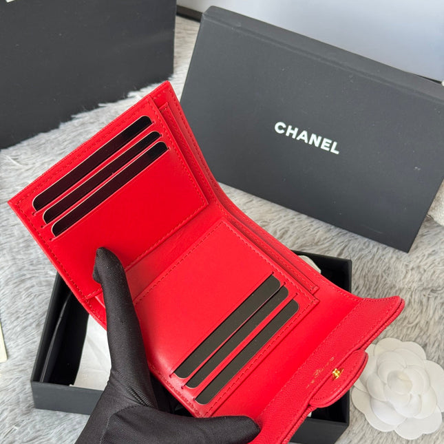 CHANEL 25S CF SMALL TRI FOLD WALLET 11 IN VIVID RED CAVIAR GOLD HARDWARE
