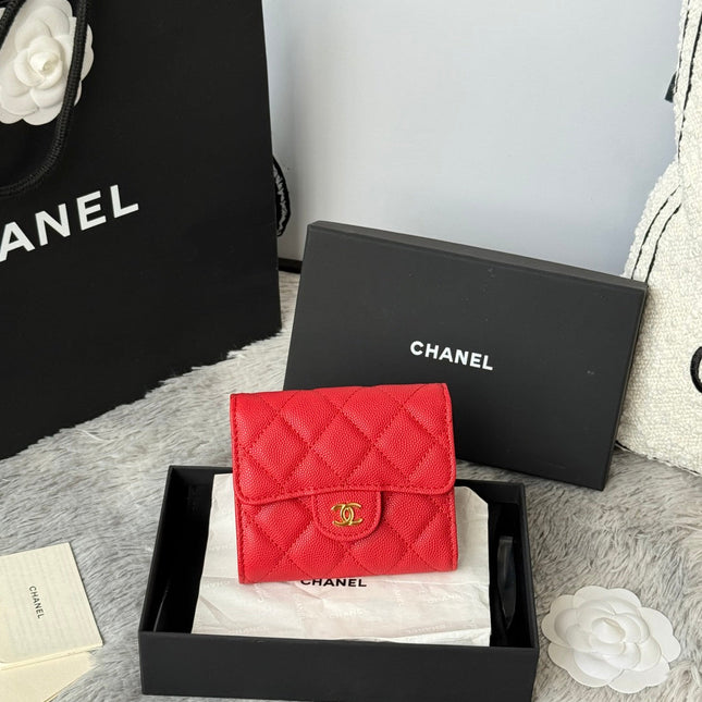 CHANEL 25S CF SMALL TRI FOLD WALLET 11 IN VIVID RED CAVIAR GOLD HARDWARE