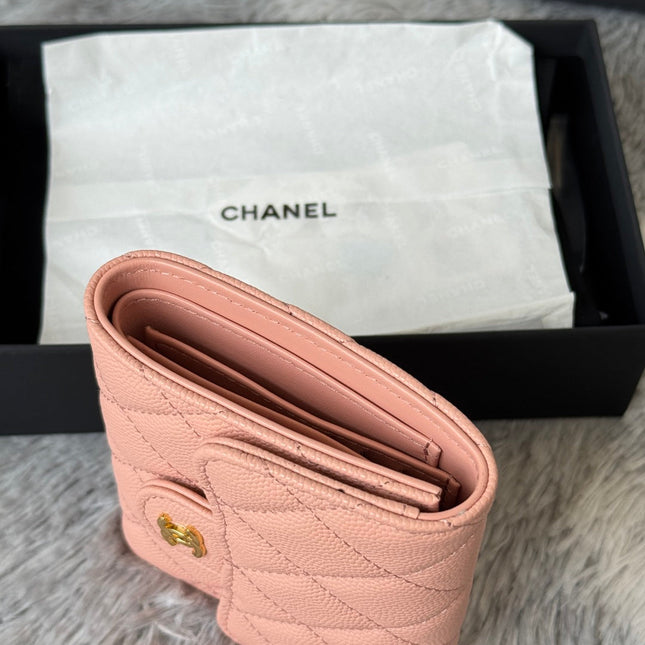 CHANEL 25S CF SMALL TRI FOLD WALLET 11 IN PEACH PINK CAVIAR GOLD HARDWARE