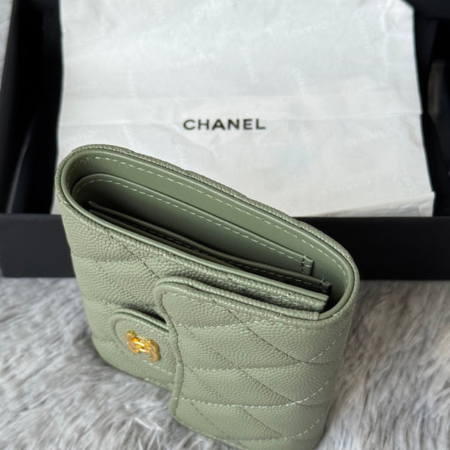 CHANEL 25S CF SMALL TRI FOLD WALLET 11 IN MOSS GREEN CAVIAR GOLD HARDWARE