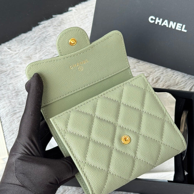 CHANEL 25S CF SMALL TRI FOLD WALLET 11 IN MOSS GREEN CAVIAR GOLD HARDWARE
