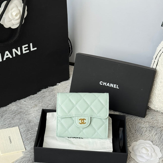 CHANEL 25S CF SMALL TRI FOLD WALLET 11 IN SOFT MINT CAVIAR GOLD HARDWARE
