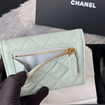 CHANEL 25S CF SMALL TRI FOLD WALLET 11 IN SOFT MINT CAVIAR GOLD HARDWARE