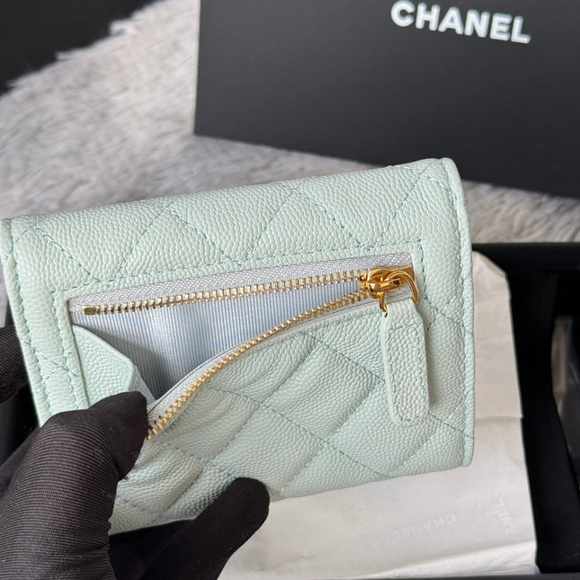 CHANEL 25S CF SMALL TRI FOLD WALLET 11 IN SOFT MINT CAVIAR GOLD HARDWARE