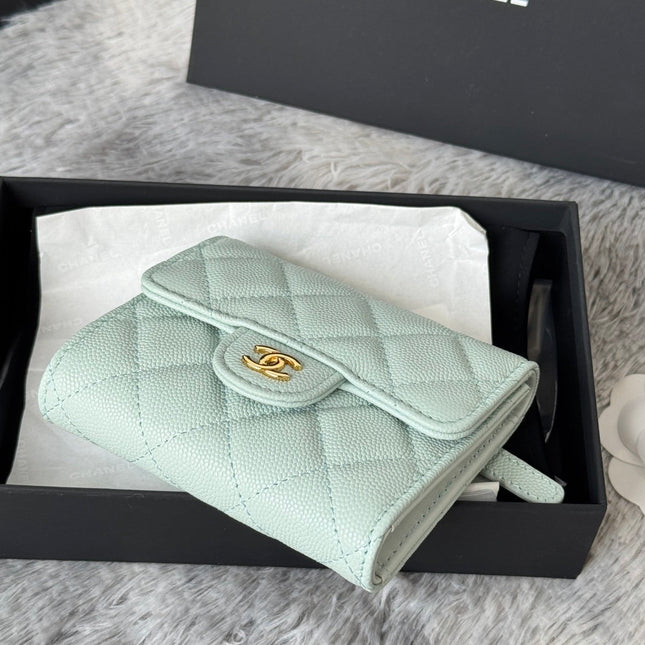 CHANEL 25S CF SMALL TRI FOLD WALLET 11 IN SOFT MINT CAVIAR GOLD HARDWARE