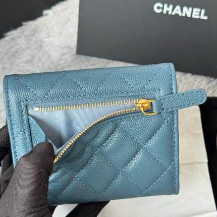 CHANEL 25S CF SMALL TRI FOLD WALLET 11 IN SLATE BLUE CAVIAR GOLD HARDWARE
