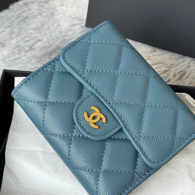 CHANEL 25S CF SMALL TRI FOLD WALLET 11 IN SLATE BLUE CAVIAR GOLD HARDWARE