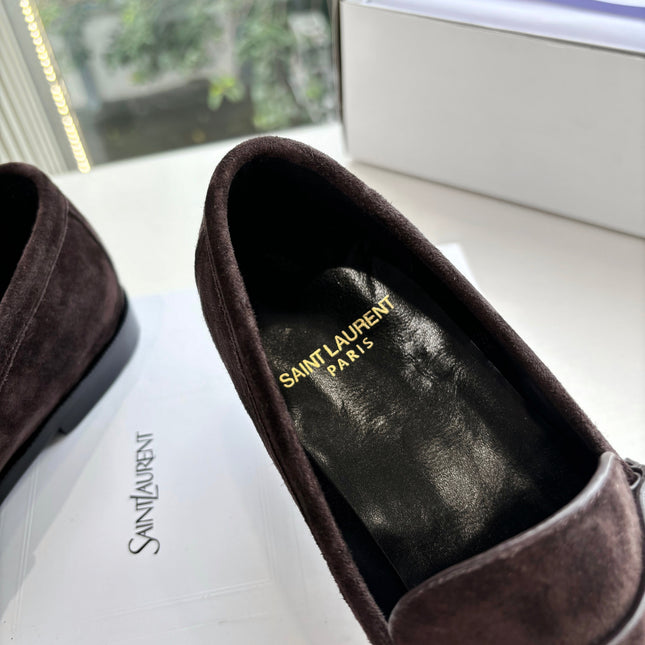 YSL 25S LOAFERS IN DARK BROWN SUEDE