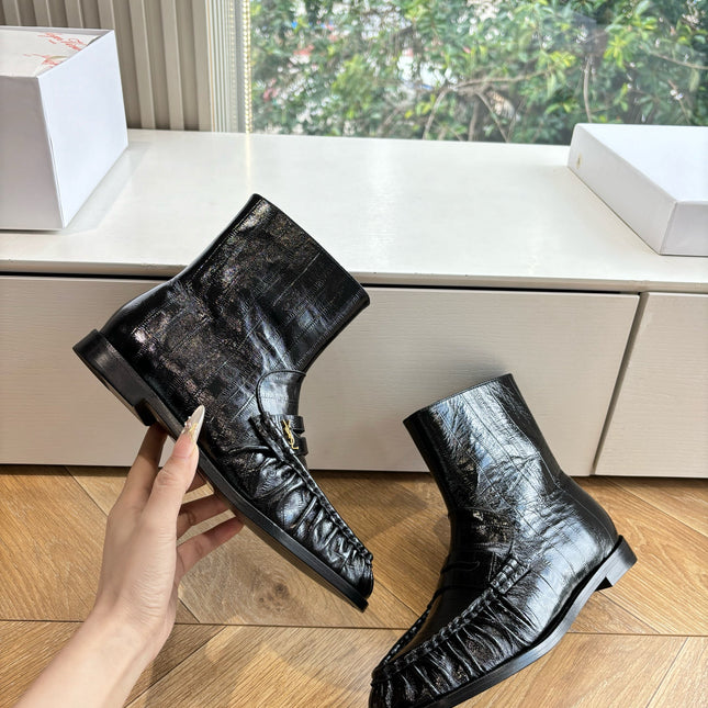 YSL 25S ANKLE FLAT BOOTS IN BLACK EMBOSSED LAMBSKIN WITH SIDE ZIPPER