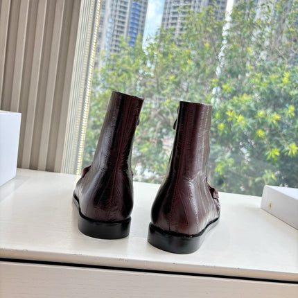 YSL 25S ANKLE FLAT BOOTS IN DEEP REDWOOD EMBOSSED LAMBSKIN WITH SIDE ZIPPER