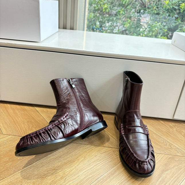 YSL 25S ANKLE FLAT BOOTS IN DEEP REDWOOD EMBOSSED LAMBSKIN WITH SIDE ZIPPER