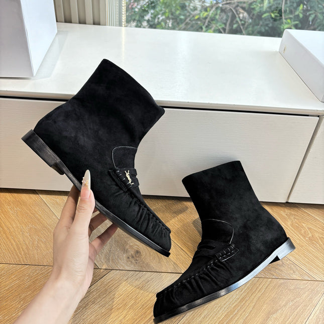 YSL 25S ANKLE FLAT BOOTS IN BLACK SUEDE WITH SIDE ZIPPER