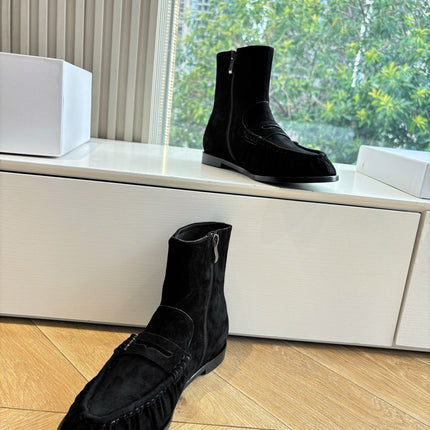 YSL 25S ANKLE FLAT BOOTS IN BLACK SUEDE WITH SIDE ZIPPER