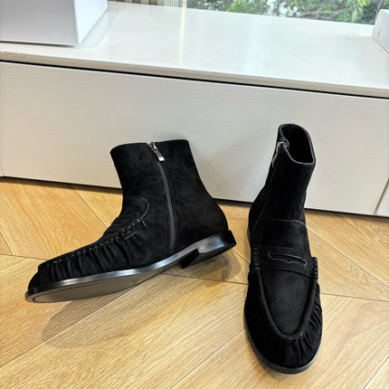 YSL 25S ANKLE FLAT BOOTS IN BLACK SUEDE WITH SIDE ZIPPER