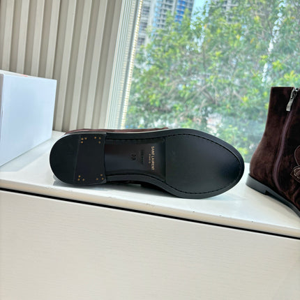 YSL 25S ANKLE FLAT BOOTS IN DARK CHOCOLATE BROWN SUEDE WITH SIDE ZIPPER