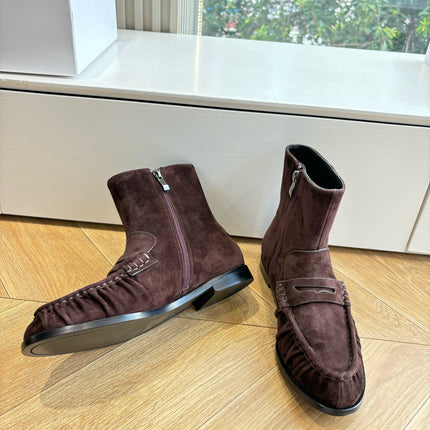 YSL 25S ANKLE FLAT BOOTS IN DARK CHOCOLATE BROWN SUEDE WITH SIDE ZIPPER