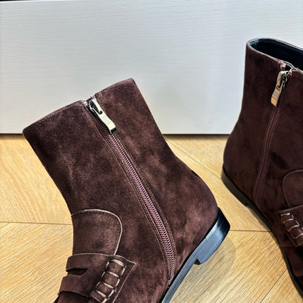 YSL 25S ANKLE FLAT BOOTS IN DARK CHOCOLATE BROWN SUEDE WITH SIDE ZIPPER