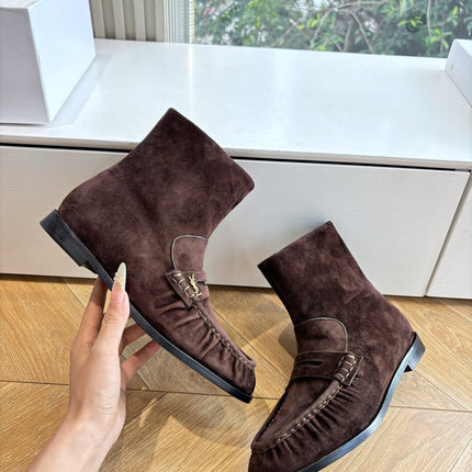 YSL 25S ANKLE FLAT BOOTS IN DARK CHOCOLATE BROWN SUEDE WITH SIDE ZIPPER