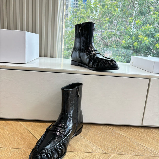 YSL 25S ANKLE FLAT BOOTS IN BLACK EMBOSSED LAMBSKIN WITH SIDE ZIPPER