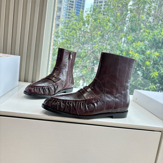 YSL 25S ANKLE FLAT BOOTS IN DEEP REDWOOD EMBOSSED LAMBSKIN WITH SIDE ZIPPER