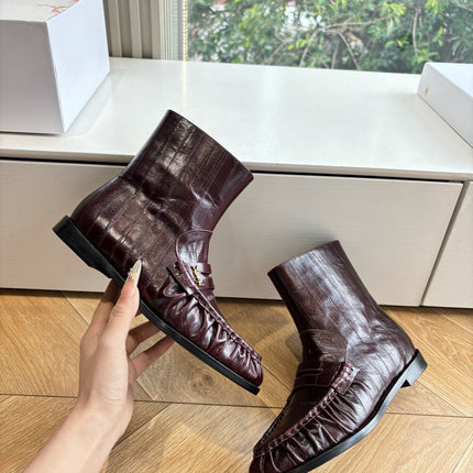 YSL 25S ANKLE FLAT BOOTS IN DEEP REDWOOD EMBOSSED LAMBSKIN WITH SIDE ZIPPER