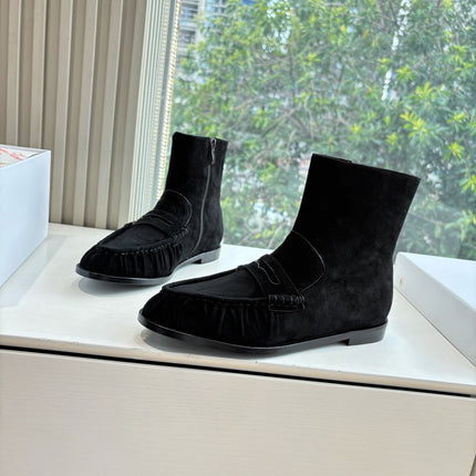 YSL 25S ANKLE FLAT BOOTS IN BLACK SUEDE WITH SIDE ZIPPER