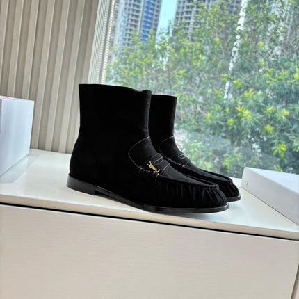 YSL 25S ANKLE FLAT BOOTS IN BLACK SUEDE WITH SIDE ZIPPER