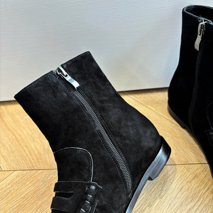 YSL 25S ANKLE FLAT BOOTS IN BLACK SUEDE WITH SIDE ZIPPER