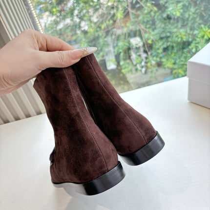 YSL 25S ANKLE FLAT BOOTS IN DARK CHOCOLATE BROWN SUEDE WITH SIDE ZIPPER