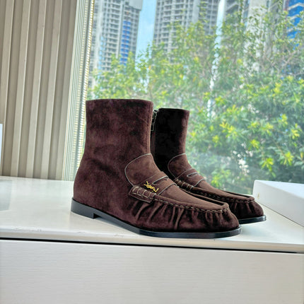 YSL 25S ANKLE FLAT BOOTS IN DARK CHOCOLATE BROWN SUEDE WITH SIDE ZIPPER