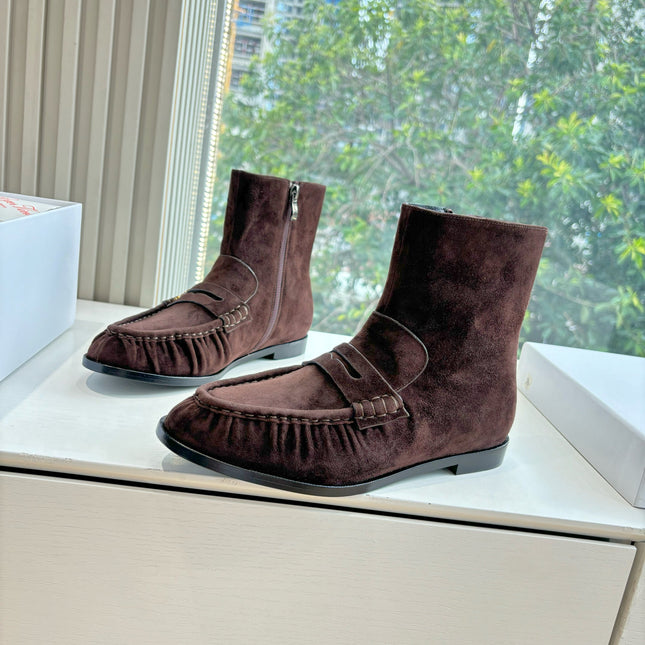 YSL 25S ANKLE FLAT BOOTS IN DARK CHOCOLATE BROWN SUEDE WITH SIDE ZIPPER