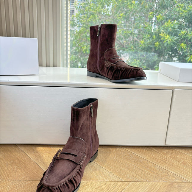 YSL 25S ANKLE FLAT BOOTS IN DARK CHOCOLATE BROWN SUEDE WITH SIDE ZIPPER