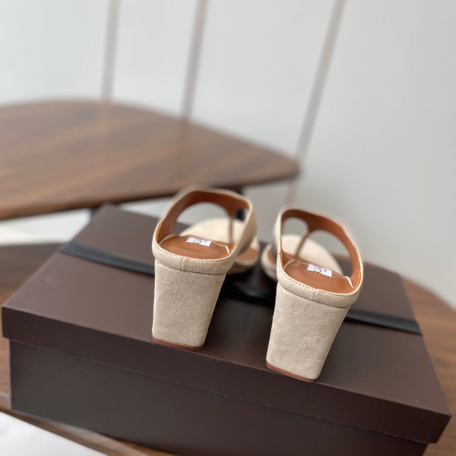 ALAIA WEDGE THONG SANDALS 25S IN LIGHT BEIGE SUEDE