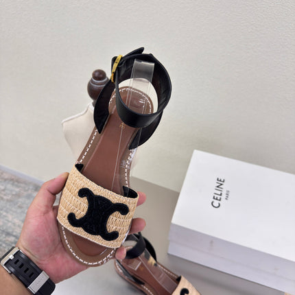 CELINE 25S TRIOMPHE SANDALS BEIGE RAFFIA BLACK WOOL
