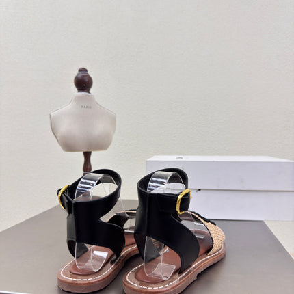 CELINE 25S TRIOMPHE SANDALS BEIGE RAFFIA BLACK WOOL