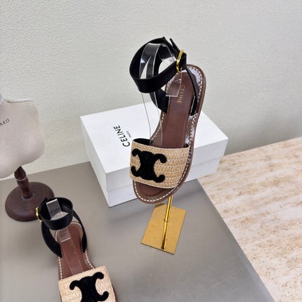 CELINE 25S TRIOMPHE SANDALS BEIGE RAFFIA BLACK WOOL