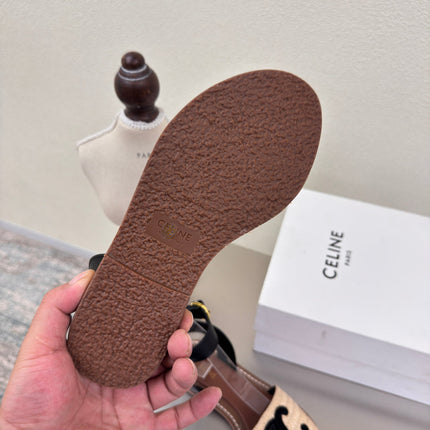 CELINE 25S TRIOMPHE SANDALS BEIGE RAFFIA BLACK WOOL