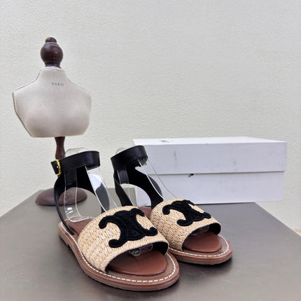CELINE 25S TRIOMPHE SANDALS BEIGE RAFFIA BLACK WOOL